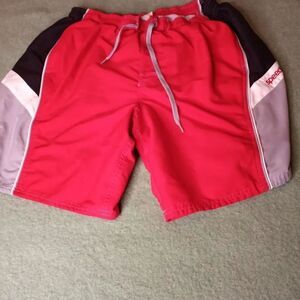 Speedo Mens Swim Trunks XL Red Elastic Waist Draw String Pockets Surfing Shorts.